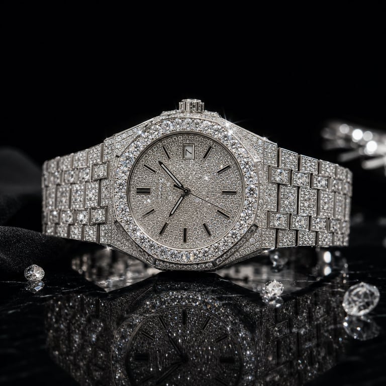 Luxury diamond-encrusted watch with steel band and dial displayed on black reflective surface with crystals
