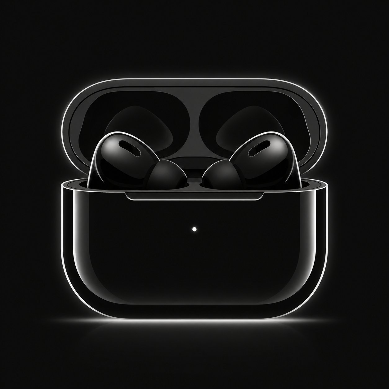 Black wireless earbuds with charging case open, showing earpieces inside on dark background