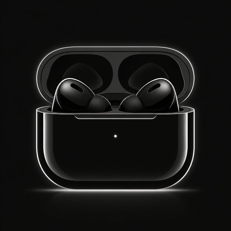 Black wireless earbuds with charging case open, showing earpieces inside on dark background