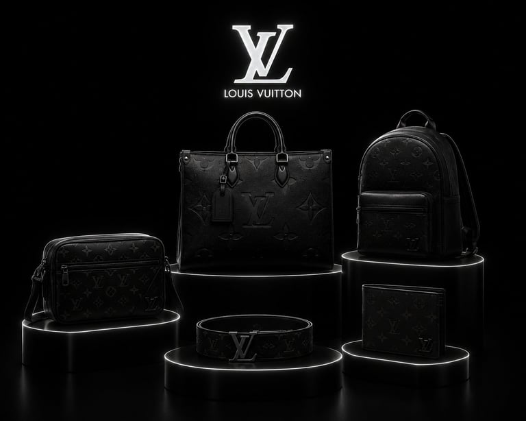 Louis Vuitton product collection featuring luxury leather handbags, backpack, belt and accessories displayed on black background