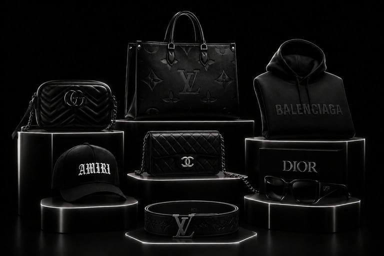Collection of luxury designer items including handbags, hoodies, caps, belts and accessories from Gucci, Louis Vuitton, Balenciaga, Chanel and Dior displayed against a black background