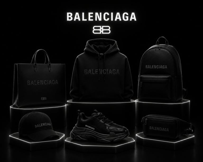 Balenciaga product collection displaying black tote bag, hoodie, backpack, sneaker, hat, and wallet on black background