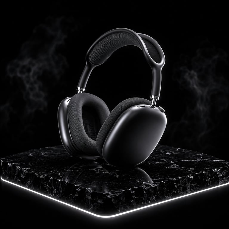 Premium wireless headphones displayed on a black marble platform with dramatic lighting against a dark background