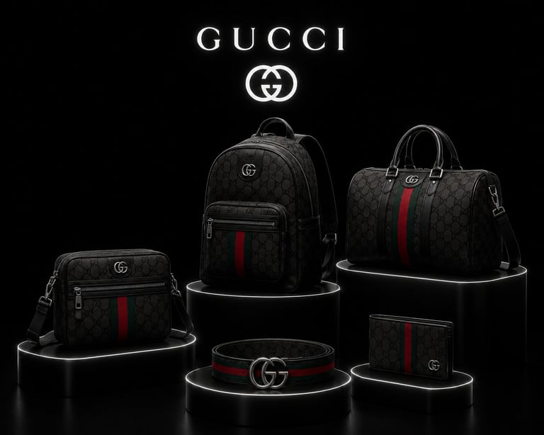 Gucci luxury handbags and accessories collection featuring black quilted bags with red striping and GG logo details on black background