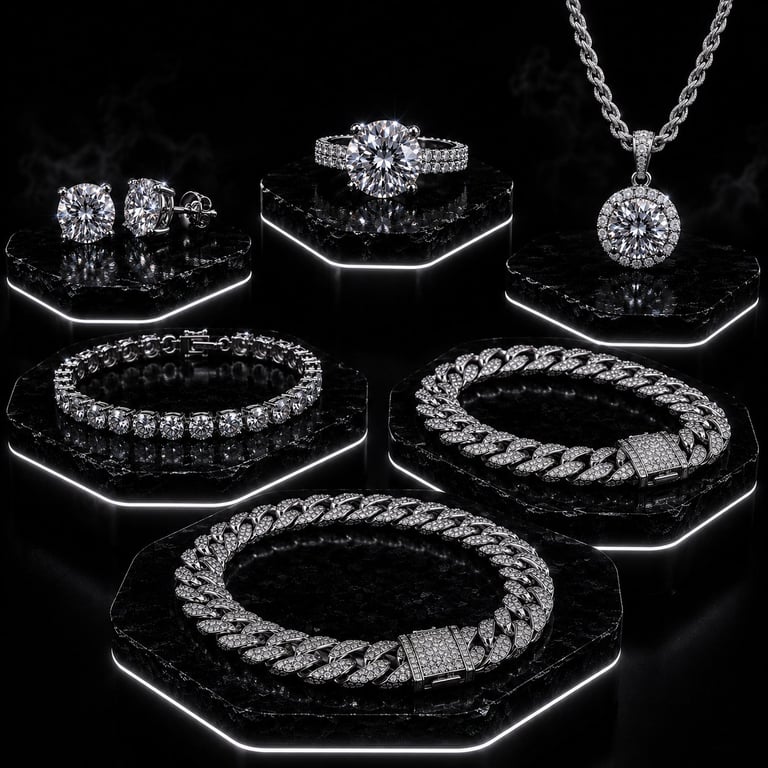 Collection of diamond jewelry pieces including earrings, ring, necklace, and bracelets displayed on black hexagonal platforms